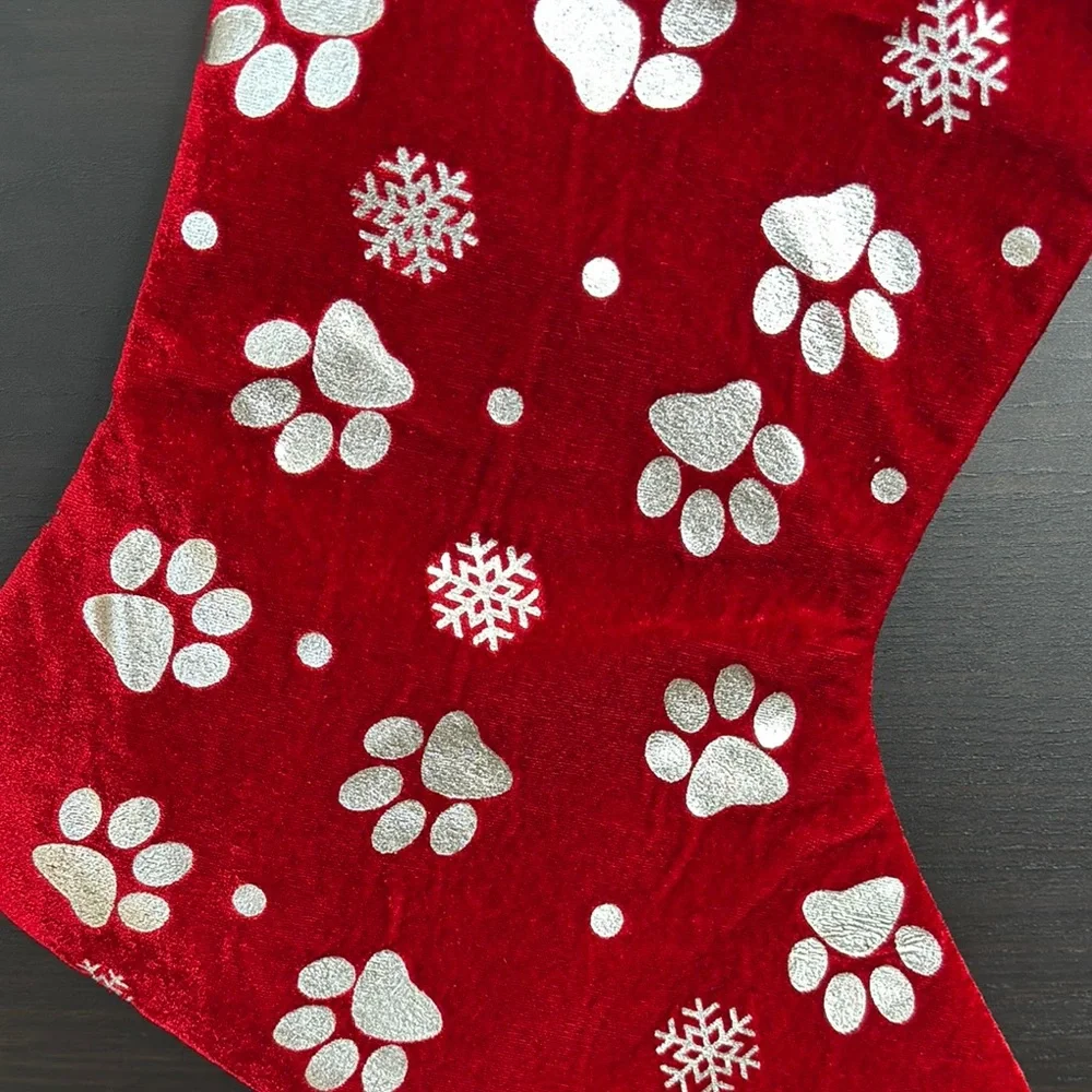 Loving Kindness Pet Stocking Red with Silver Paw Prints and Snowflakes
